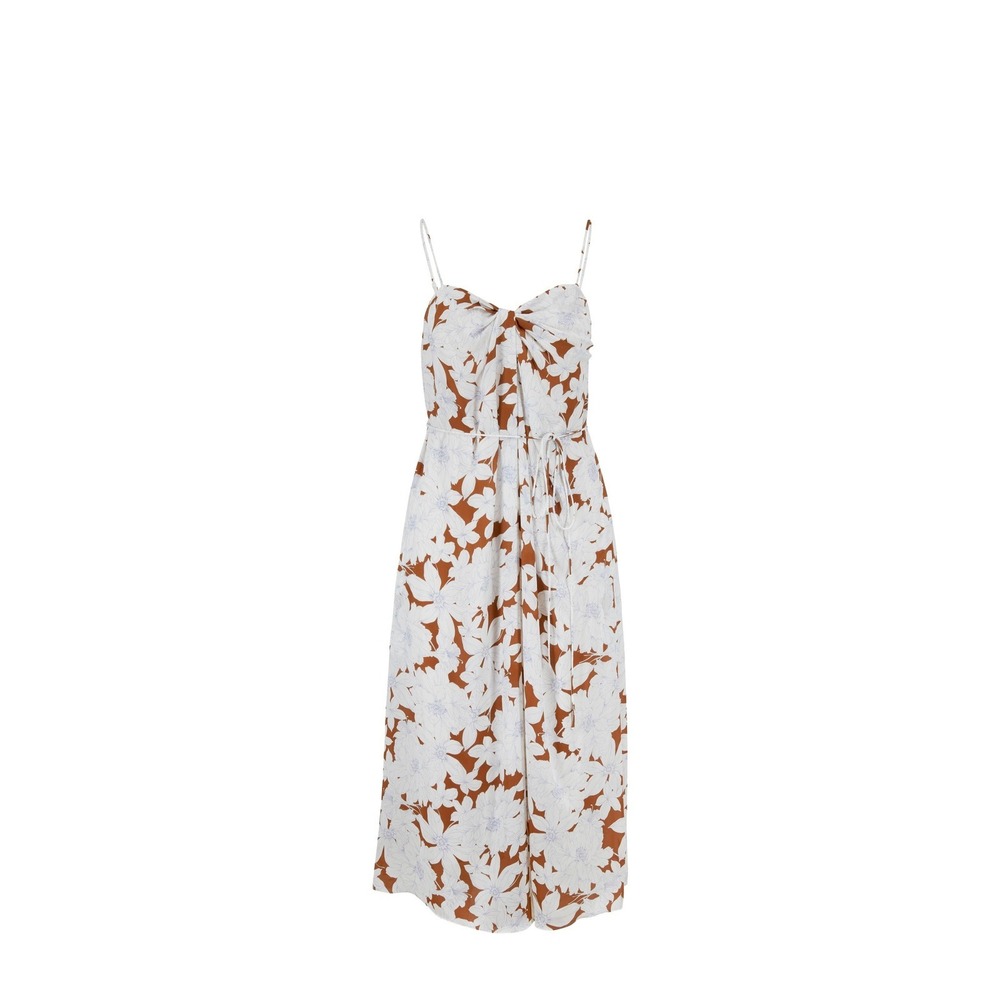 Vince Floral Twist Front Midi Dress Brown White Blue Spaghetti Strap Womens M